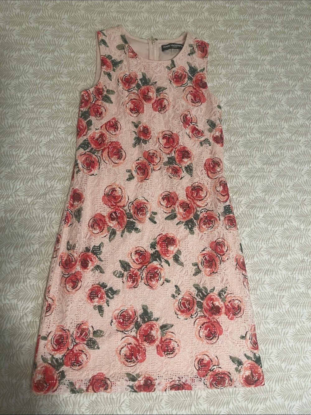 Karl Lagerfeld Pink Floral Lace Shift Dress with Red Rose Print